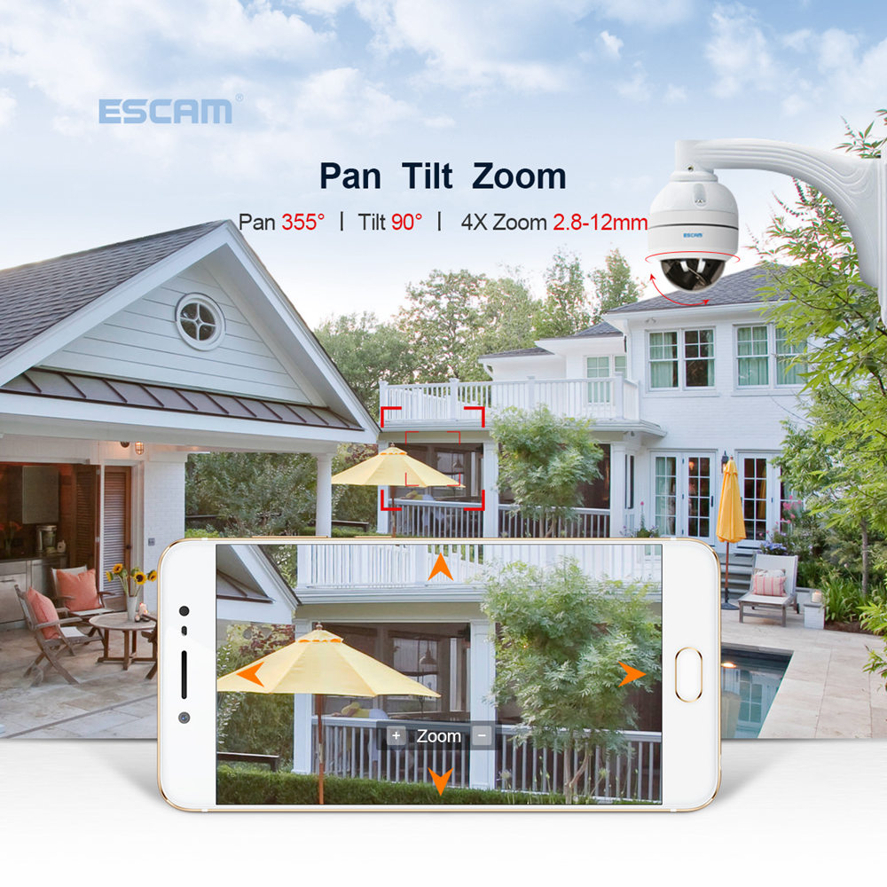 ESCAM PVR002 2MP HD 1080P IP PTZ Dome Camera 4X Zoom 2.8-12mm Lens Water Resistant Night Vision Motion Detection - White/US Plug