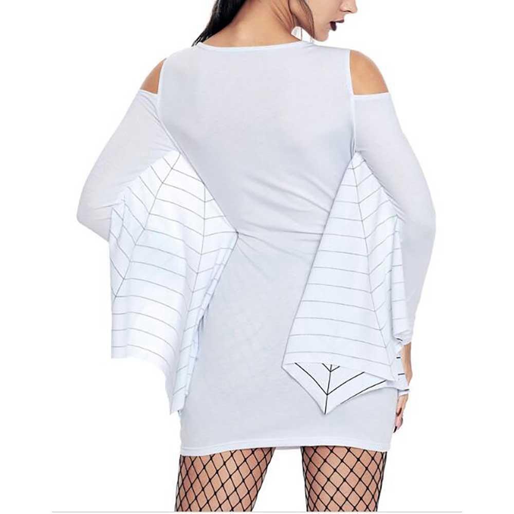 Women Halloween Uniform Spider Printed Open Shoulder Bat Long Sleeve Party Stage Suit Size 3XL - White
