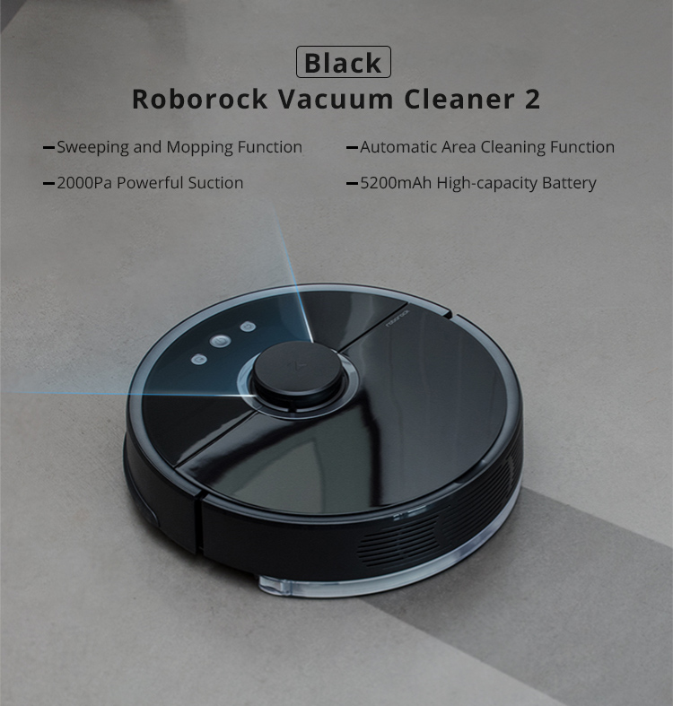 Xiaomi Mijia Roborock Vacuum Cleaner 2 Automatic Area Cleaning 2000Pa Suction 2 in 1 Sweeping Mopping Function LDS Path Planning 5200mAh Battery MI Vacuum Cleaner Upgraded Version - Black