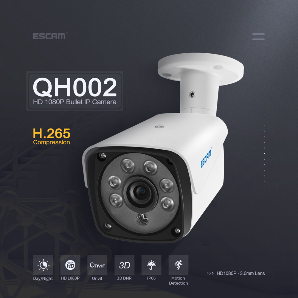 ESCAM QH002 HD 1080P 2MP P2P IR IP Outdoor Camera with Smart Analysis ONVIF H.265 - White EU Plug
