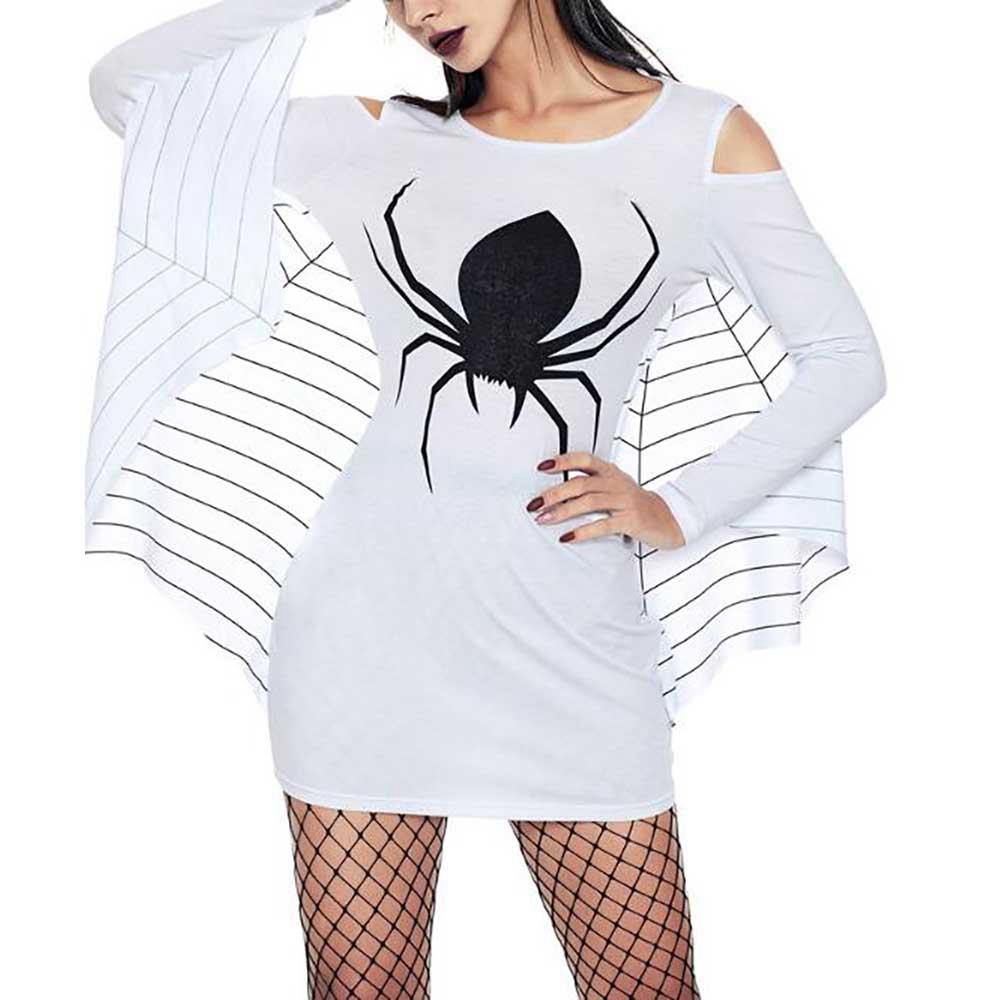 Women Halloween Uniform Spider Printed Open Shoulder Bat Long Sleeve Party Stage Suit Size 3XL - White