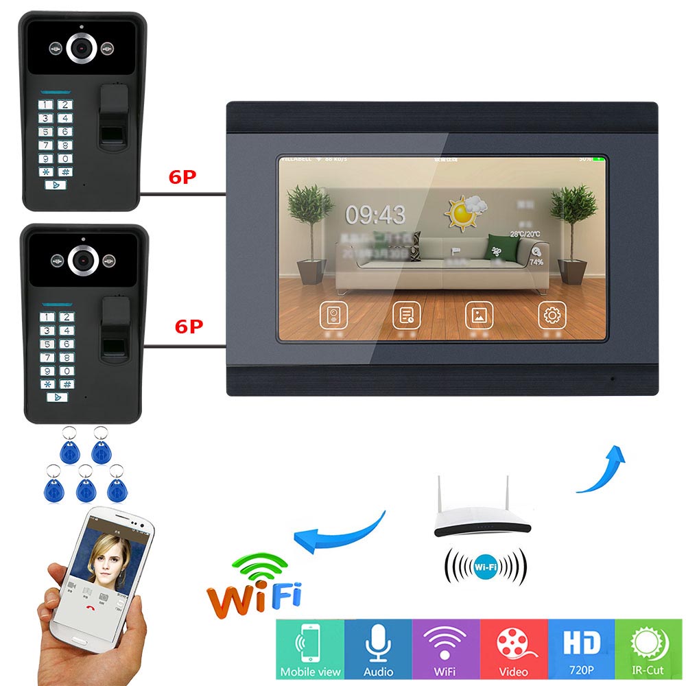 SY709BMJF21 7 Inch Wired Wifi Fingerprint RFID Password Video Doorbell Intercom Kit 2-Camera 1-Monitor - Black US Plug