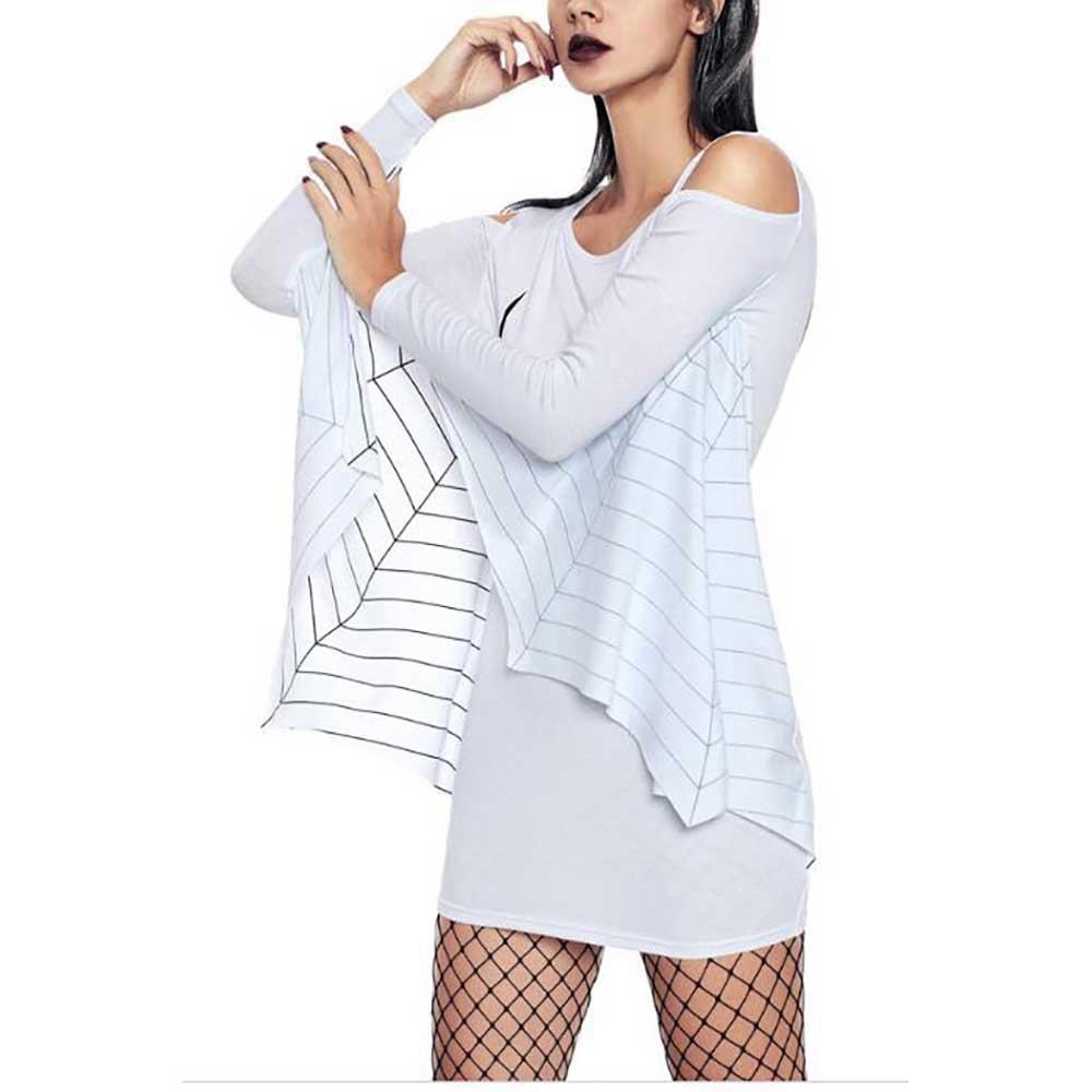 Women Halloween Uniform Spider Printed Open Shoulder Bat Long Sleeve Party Stage Suit Size 3XL - White