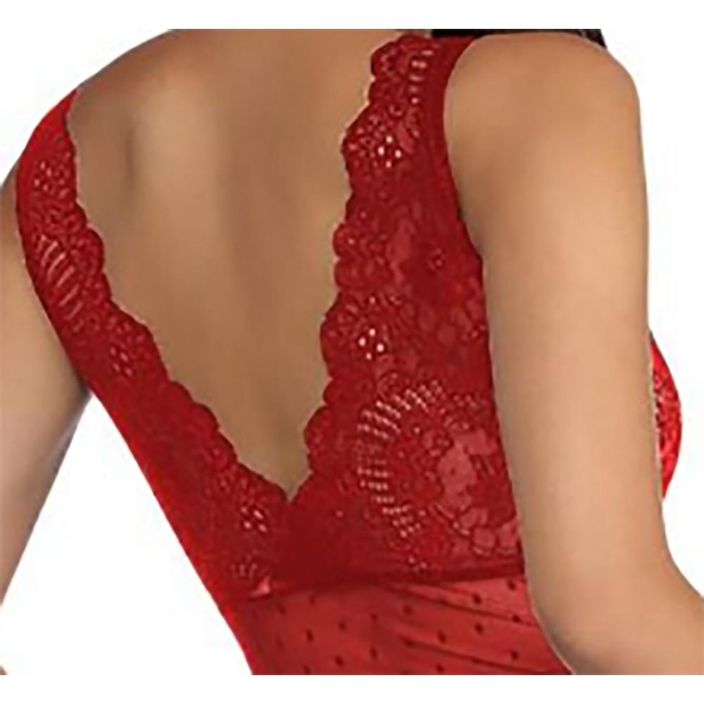 Black Scalloped Deep V Neck Lace Bodysuit LC32226-3 Size M - Red