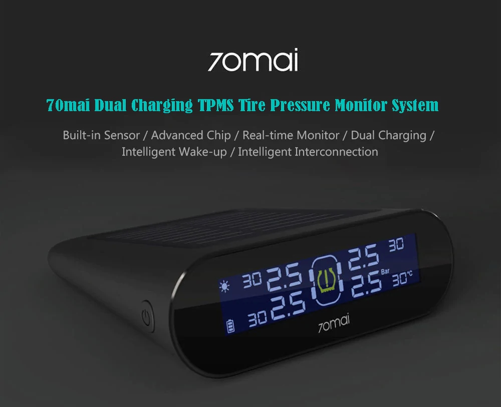 Xiaomi 70mai TPMS Tire Pressure Monitor Solar Power Dual USB Charging 4 Built-in Sensors - Black