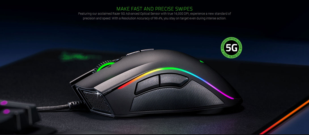 Razer Mamba Elite Right-Handed Gaming Mouse 5G Advanced Optical Sensor 16000DPI RGB Backlight With 9 Independent Programmable Buttons - Black