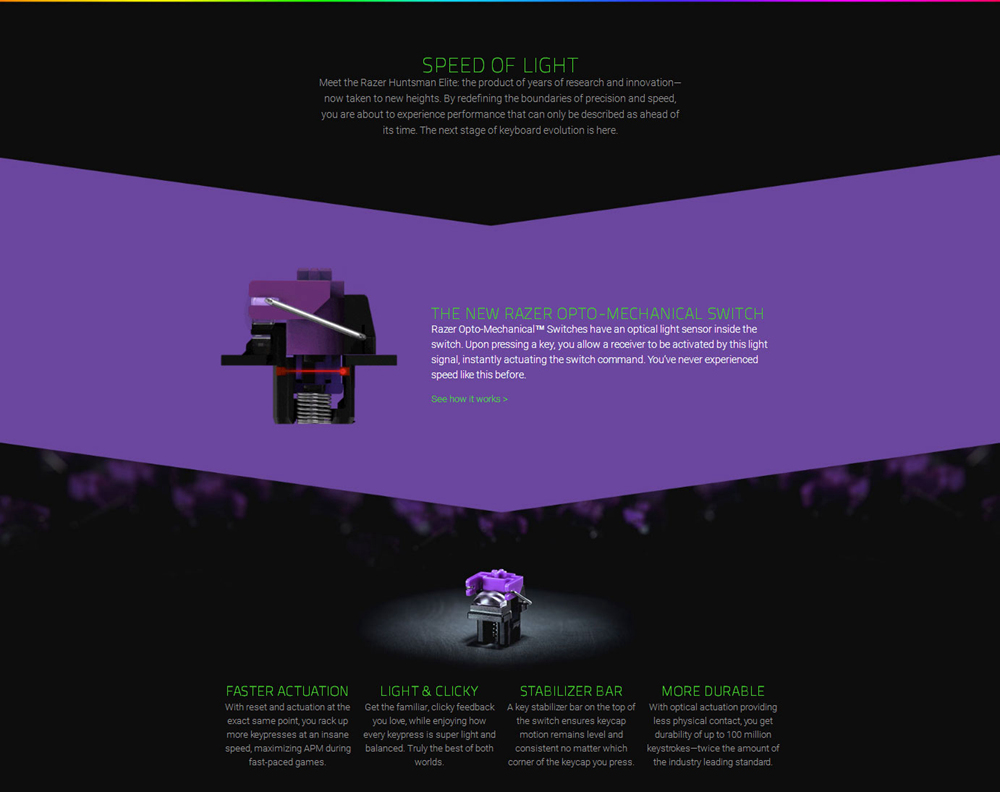 Razer Huntsman Elite Gaming Keyboard RGB Backlight Opto-Mechanical Switches 109 Keys With Leatherette Wrist Rest - Black