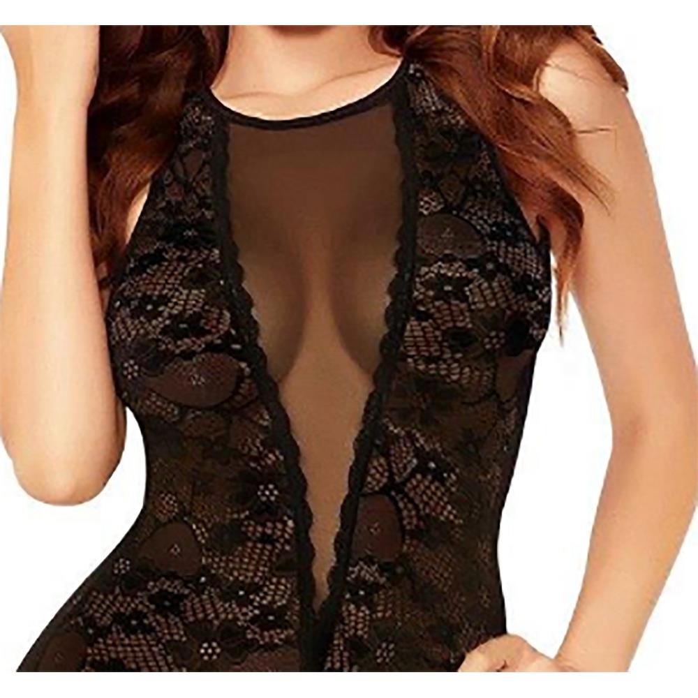 Black Allover Lace and Mesh Snap Crotch Keyhole Teddy Size L - Black