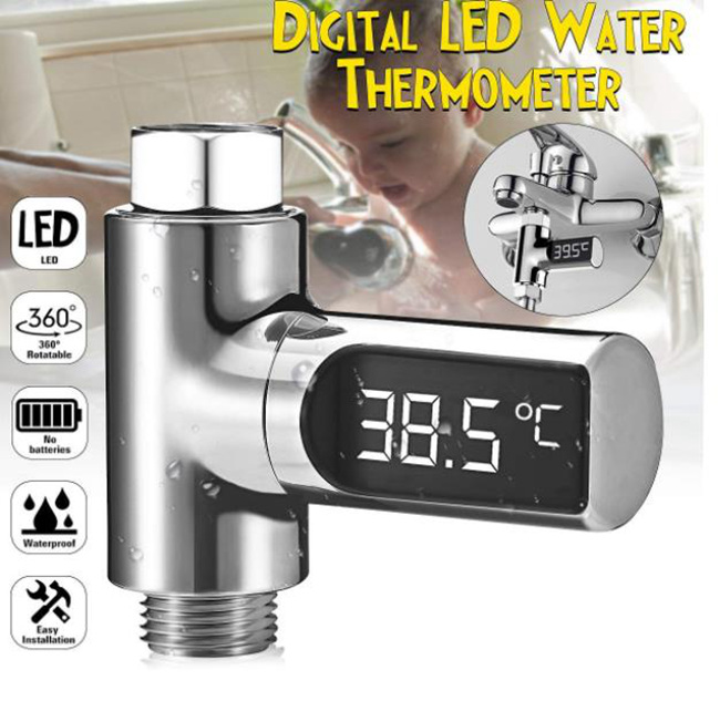 LED Digital Shower Thermometer Battery Free Real-time Water Celsius Thermometer Monitor 360 Degree Rotatable for Kids Adults - Silver