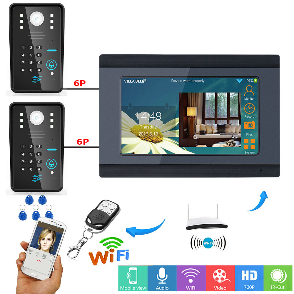SY709BMJS21 7 Inch Wired Wifi RFID Password Video Doorbell Intercom Kit 2-Camera 1-Monitor - Black US Plug