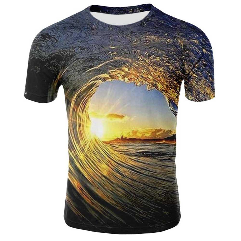 3D Digital Printed Sunset Wave Pattern Men's Summer Unisex Short Sleeve T-shirt Size M - Multi Color
