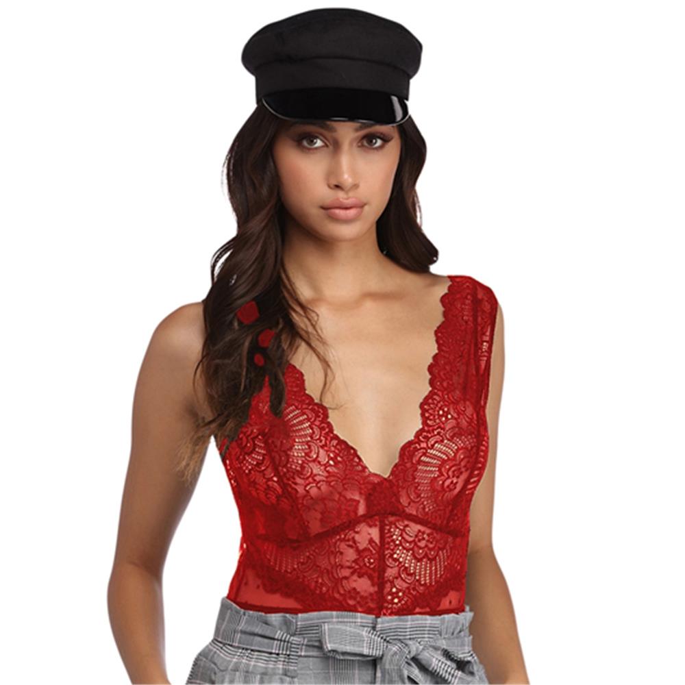 Black Scalloped Deep V Neck Lace Bodysuit LC32226-3 Size M - Red