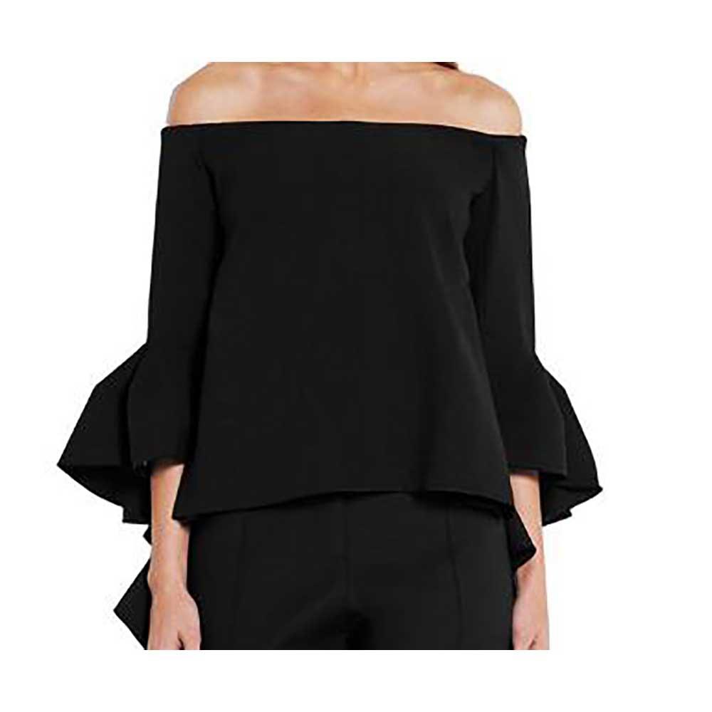 Women Off Shoulder Spiral-wave Trumpet Sleeve Solid Shirt Size L - Black