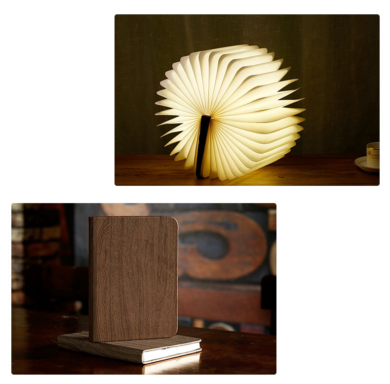Walnut Foldable Book Shaped LED Night Light USB Book Bedside Lamp - Warm Light