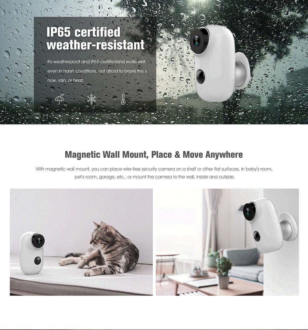 Adorbee A3 720P Wifi Outdoor Smart IP Camera Water Resistant Battery 6000mAh Two-way Audio PIR Night Vision - White