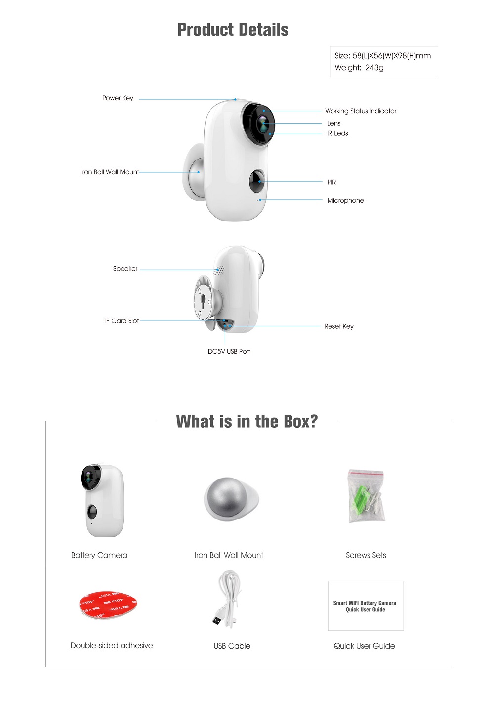 Adorbee A3 720P Wifi Outdoor Smart IP Camera Water Resistant Battery 6000mAh Two-way Audio PIR Night Vision - White