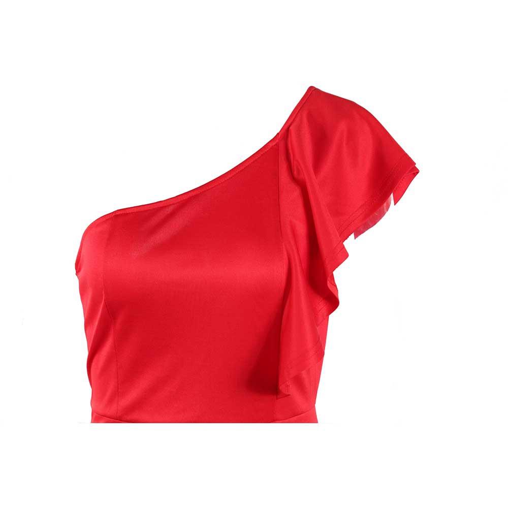 Women Slim Strapless Asymmetrical Ruffle Dress Size S - Red