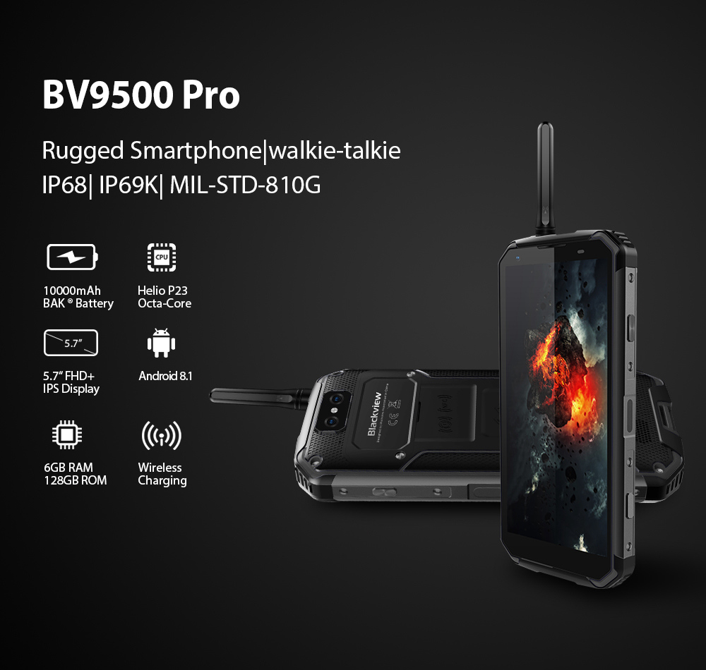 [HK Stock]Blackview BV9500 Pro 5.7 Inch 4G LTE Smartphone Helio P23 6GB 128GB 16.0MP+0.3MP Dual Rear Cameras Android 8.1 IP68 Walkie Talkie Wireless Charging 10000mAh NFC - Black