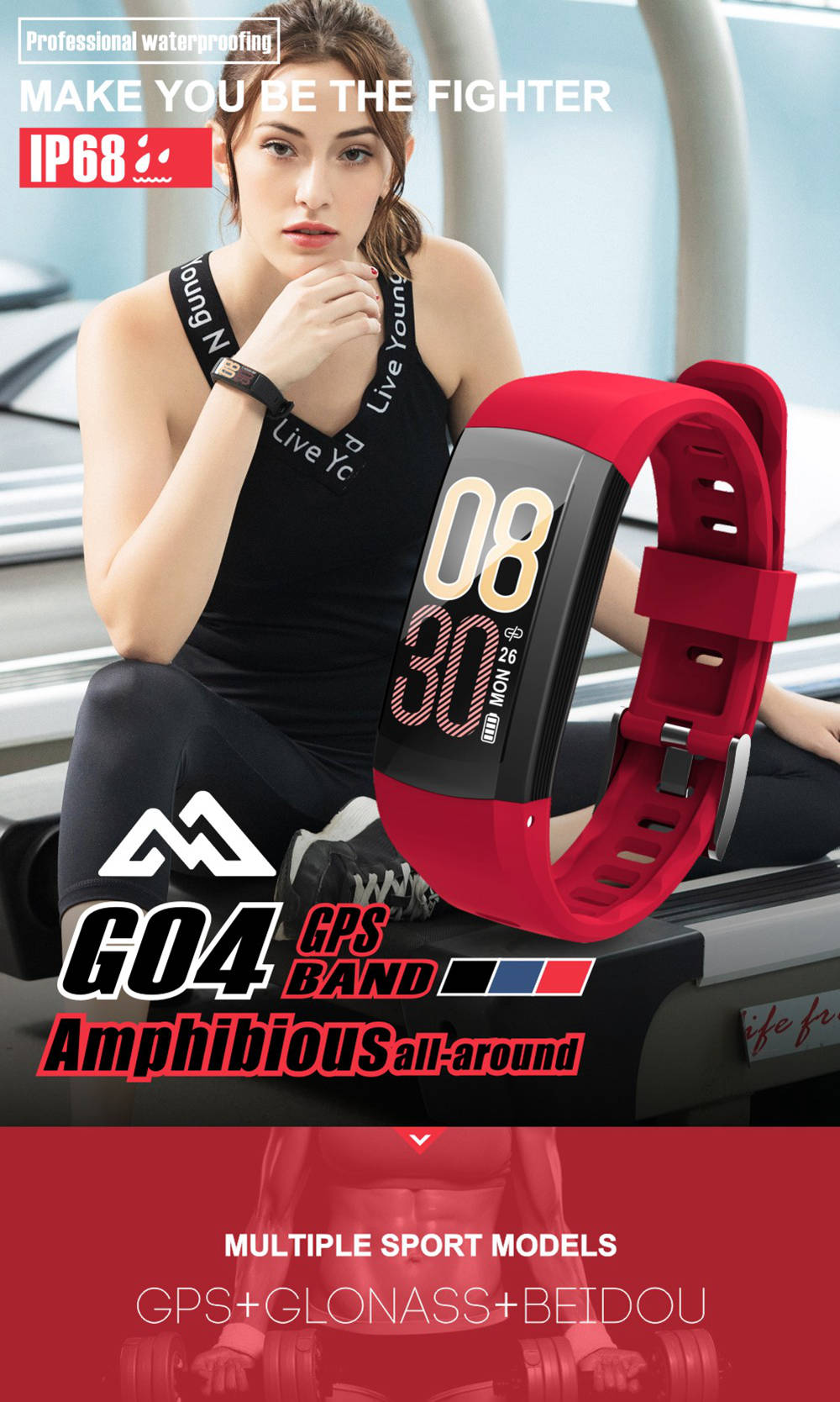 Makibes G04 Smart Bracelet 0.96 Inch TFT Color Screen IP68 Waterproof Built-in GPS Heart Rate Monitor Sports Fitness Tracker - Red