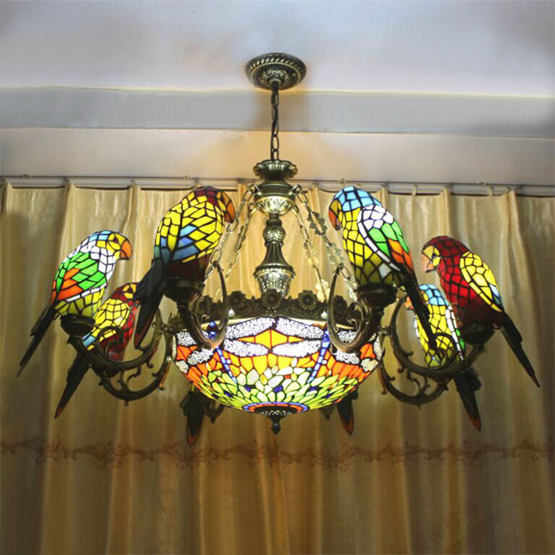 FUMAT Parrots Chandelier Stained Glass Lampshade European Classic Hanging Lamp Tiffany Glass Lights For Living Room