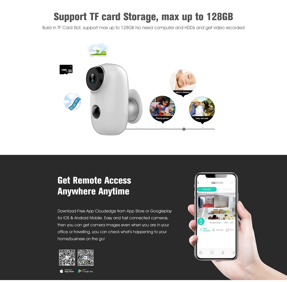 Adorbee A3 720P Wifi Outdoor Smart IP Camera Water Resistant Battery 6000mAh Two-way Audio PIR Night Vision - White