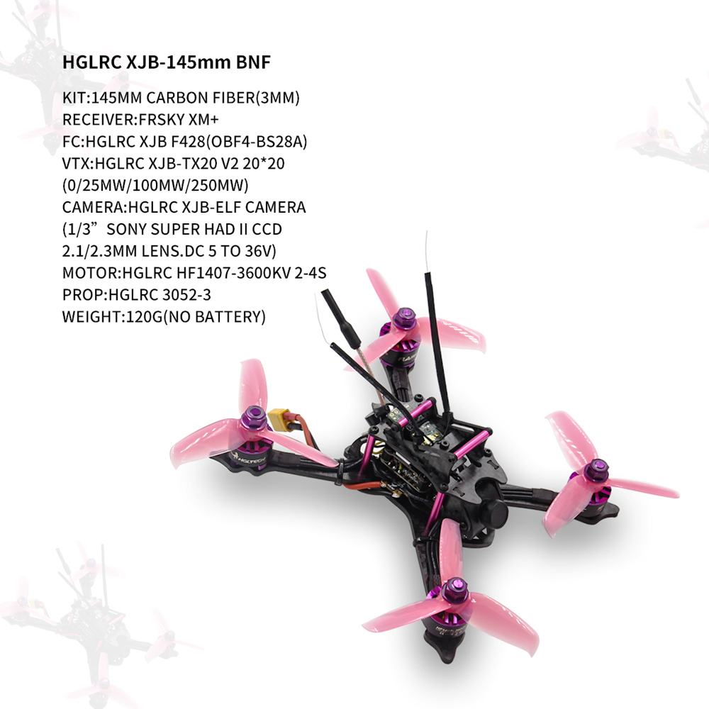 HGLRC XJB-145MM FPV Racing Drone F4 V2 FC OSD 28A 2-4S Blheli_S BB2 4In1 ESC 5.8G 48CH VTX Frsky XM+ Receiver BNF-Purple