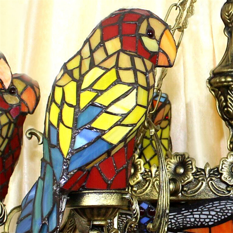 FUMAT Parrots Chandelier Stained Glass Lampshade European Classic Hanging Lamp Tiffany Glass Lights For Living Room