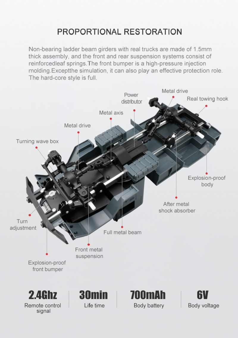 JDRC JD002A 2.4G 1:12 4WD Brushed Off-road Military Truck RC Car with LED Light RTR - Red