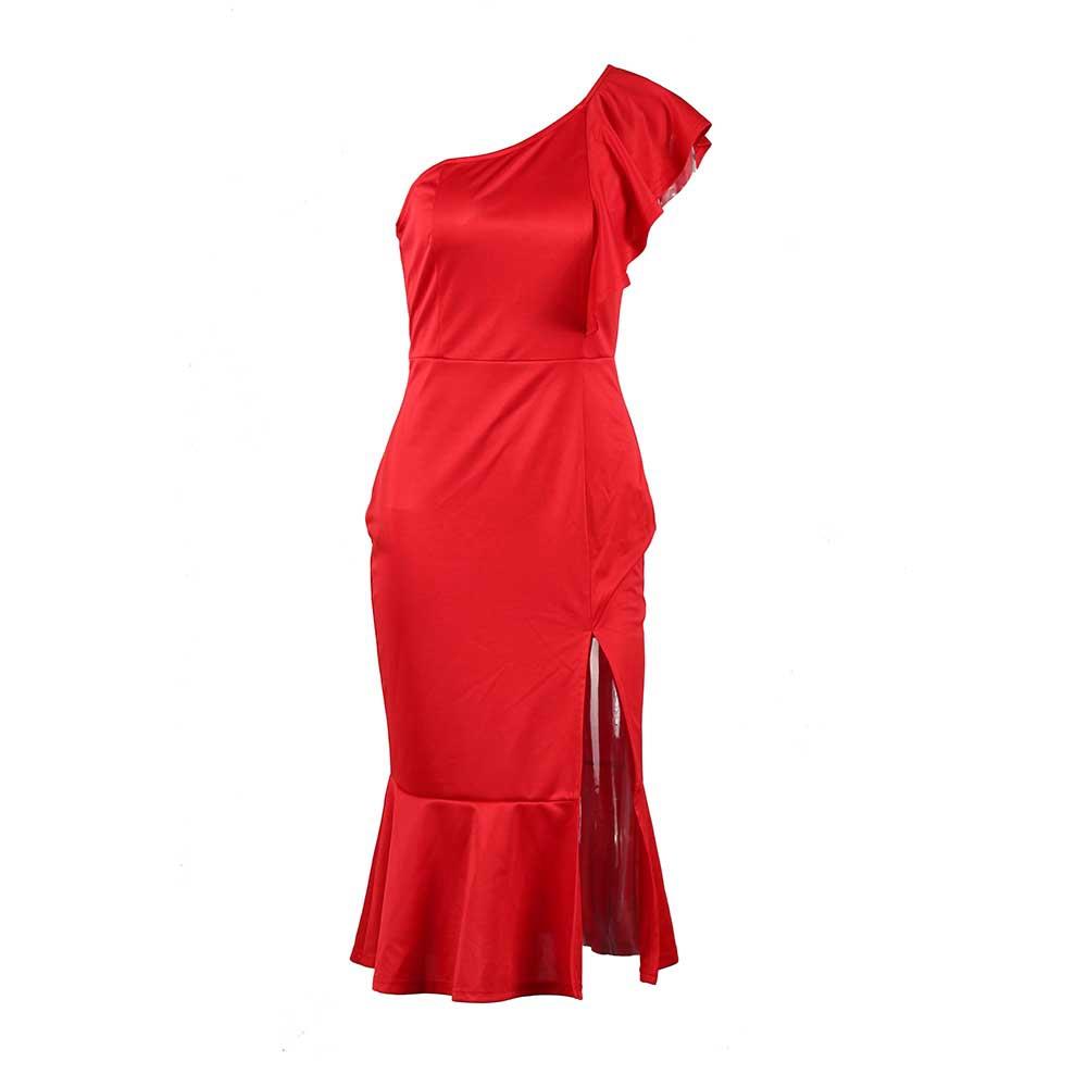 Women Slim Strapless Asymmetrical Ruffle Dress Size S - Red