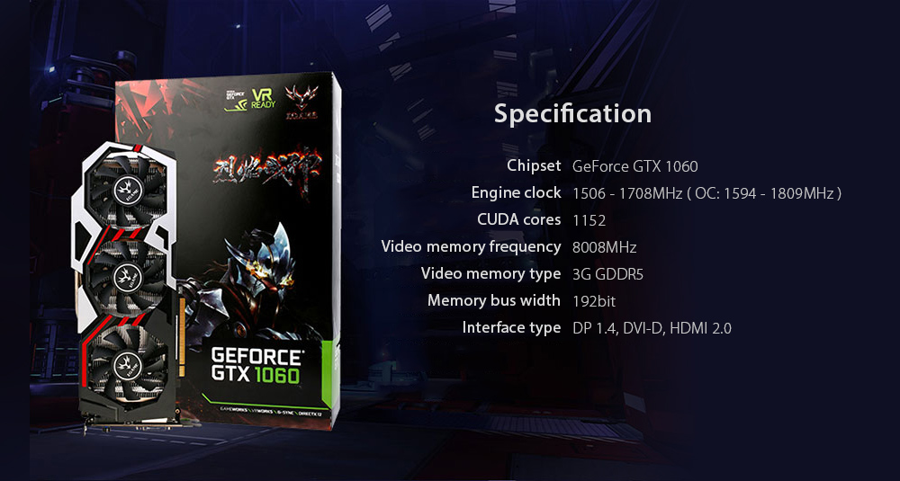 Colorful iGame GeForce GTX1060 U-3GD5 TOP Video Graphics Card 1506-1708MHz 3GB GDDR5 8Gbps/192Bit 3DP+HDMI+DIV - Black