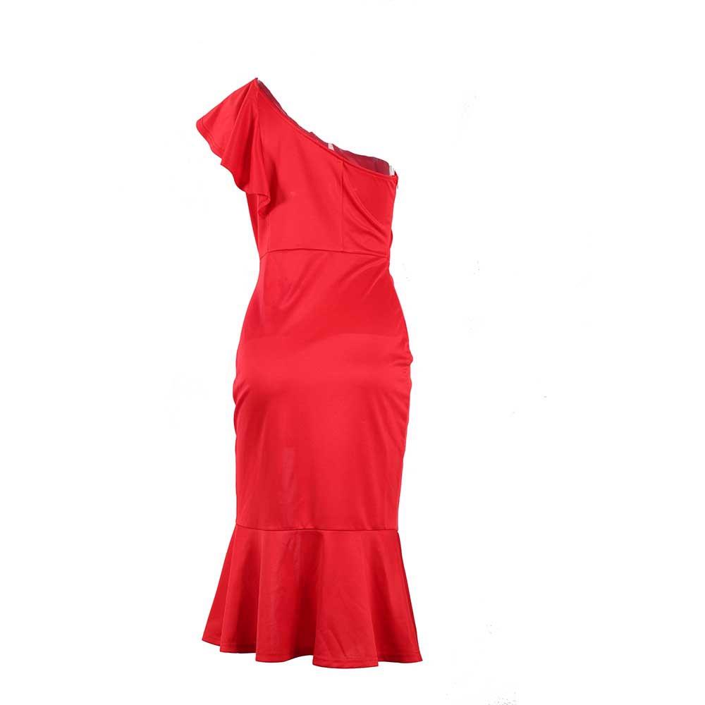 Women Slim Strapless Asymmetrical Ruffle Dress Size S - Red