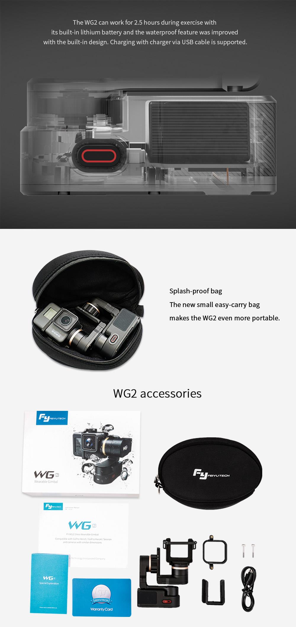 Feiyu Tech WG2 WaterProof Wearable Gimbal for GoPro Hero5/4/ Session and Similar Dimensions Action Camera