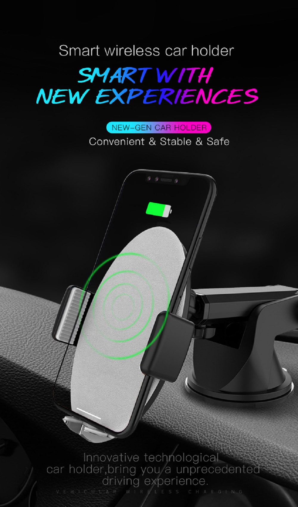 Smart Wireless Car Charger Mount For 4.5-6.5 Inch Smartphone Black