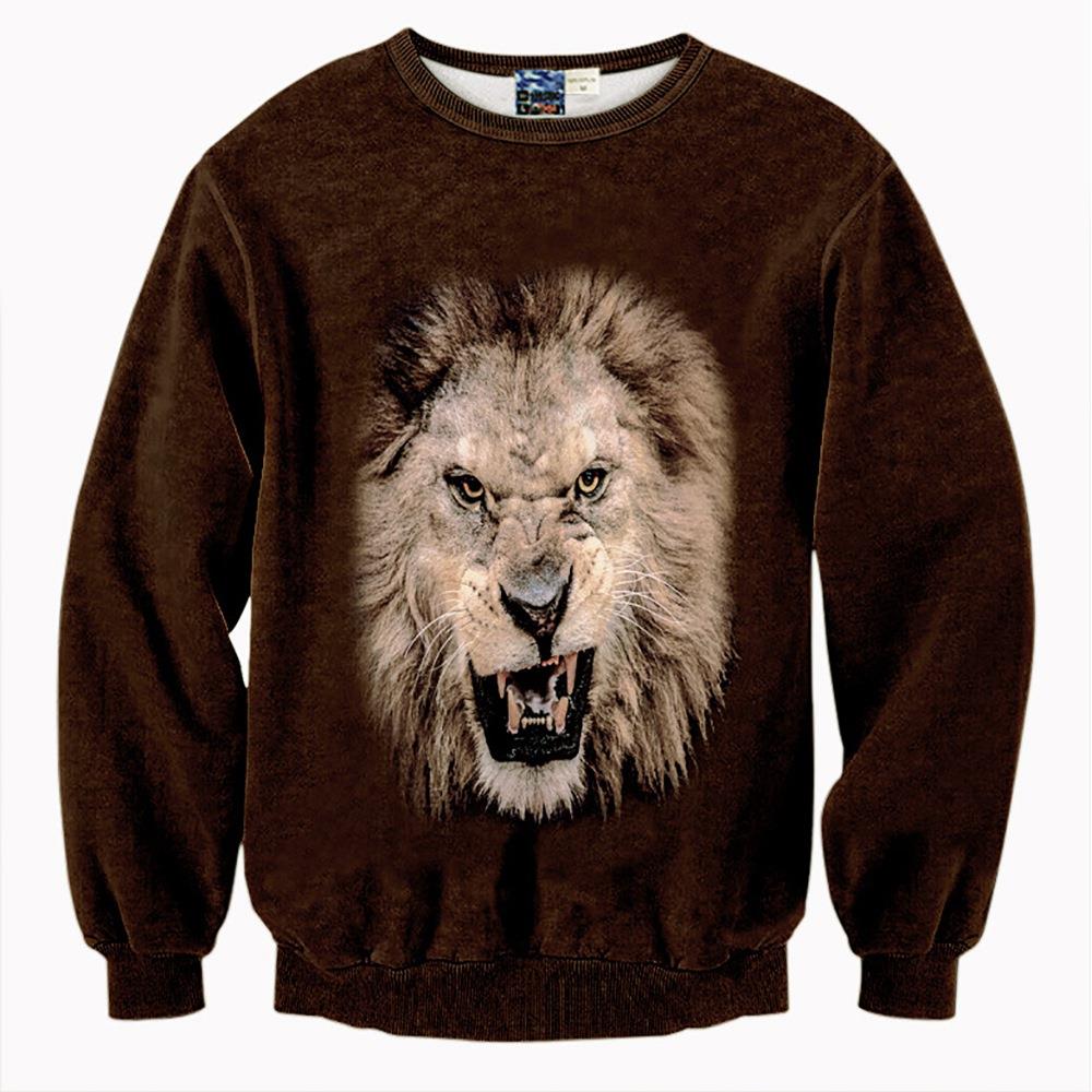 3D Digital Printed lion Pattern Men And Women Cotton Crewneck Sweatshirt Size XL - Brown