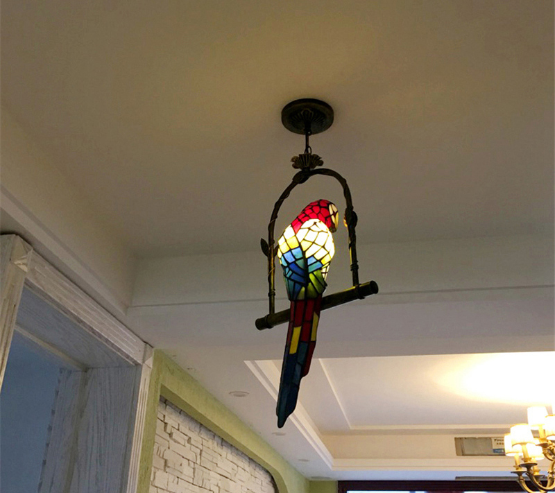 FUMAT Tiffany Glass Lights Stained Glass Parrot Pendant Lamp Antique Art Glass Bird LED Hanging Lamp for Living Room