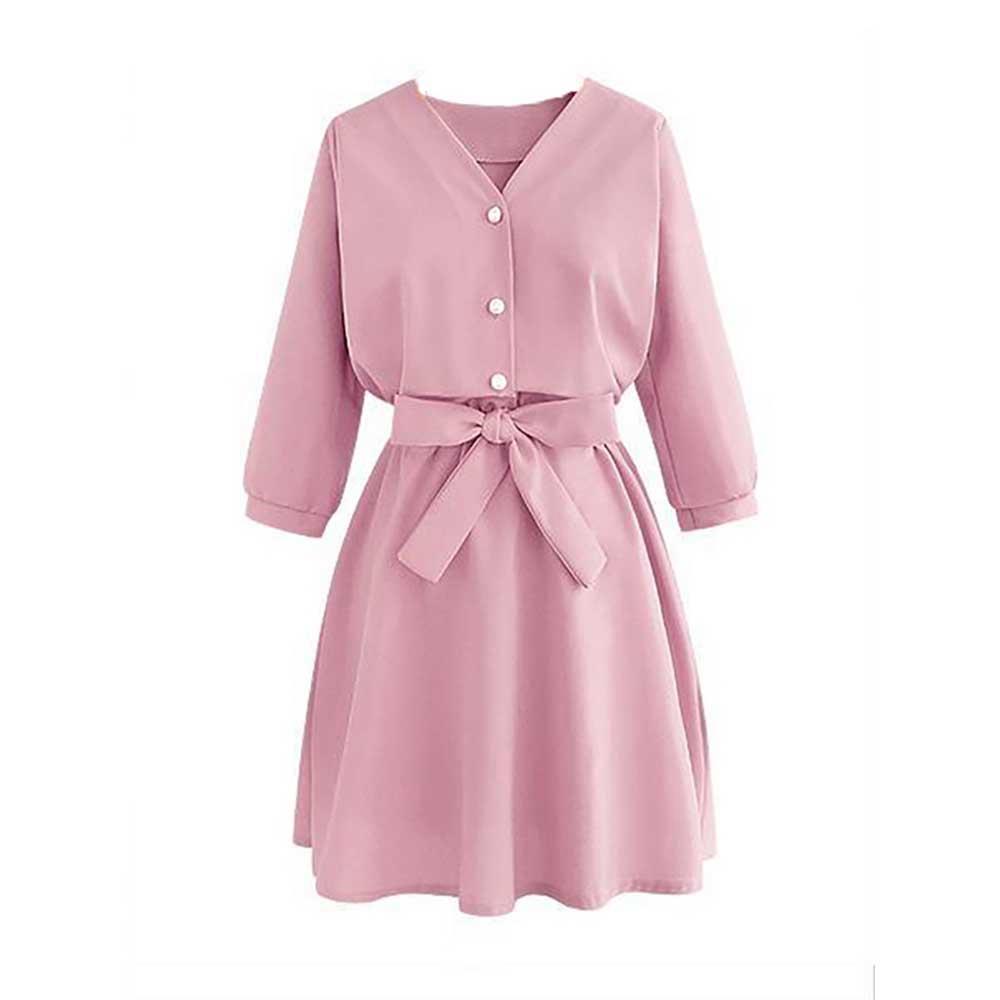 Women Plus Size V Collar Solid Color Slim Dress Size XL - Pink