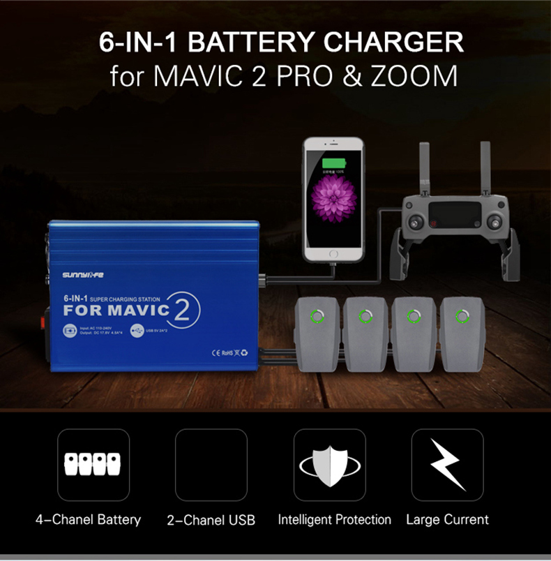 Sunnylife 6 In 1 Battery Charger for DJI Mavic 2 Pro/Zoom RC Drone - EU Plug