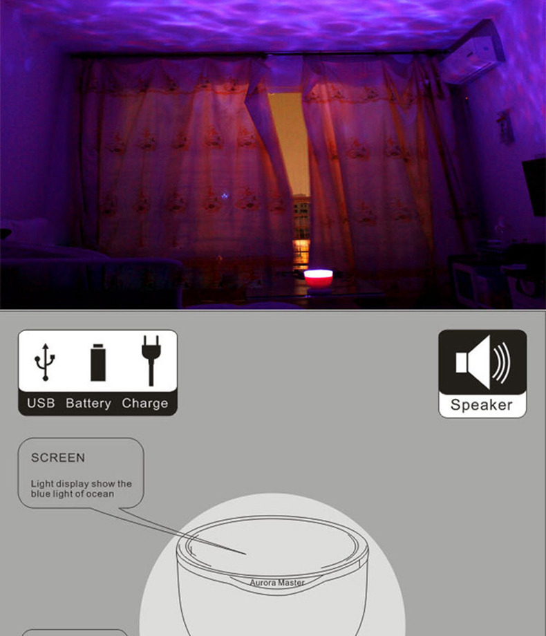 Aurora Master Night Light Ocean Wave Projector Music Player Speaker LED Night Light Colorful Sky Starry - White