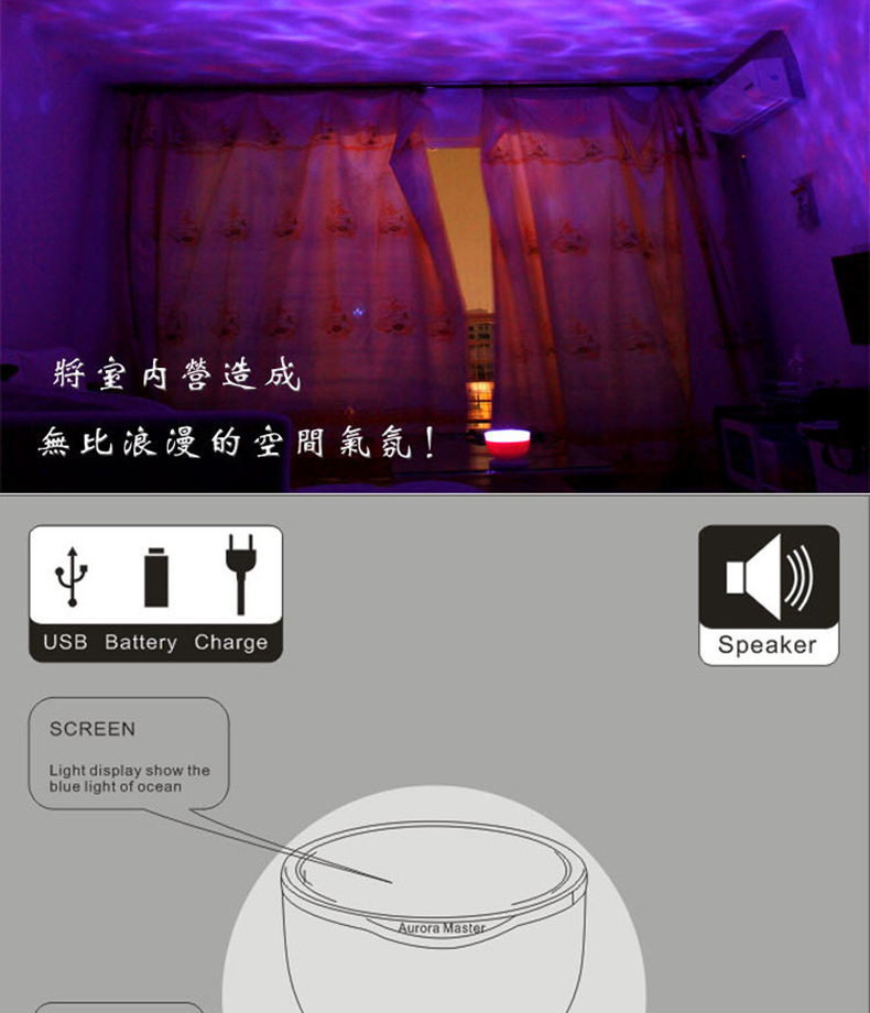 Aurora Master Night Light Ocean Wave Projector Music Player Speaker LED Night Light Colorful Sky Starry - White/US Plug