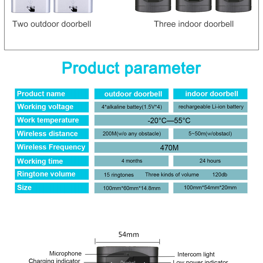 H6S 1v1 Wireless Voice Intercom Doorbell Kit Two-way Mobile Intercom Doorbell - Silver+Black