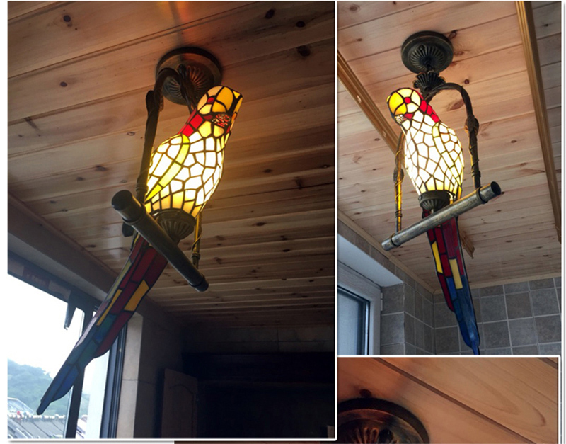 FUMAT Tiffany Glass Lights Stained Glass Parrot Pendant Lamp Antique Art Glass Bird LED Hanging Lamp for Living Room