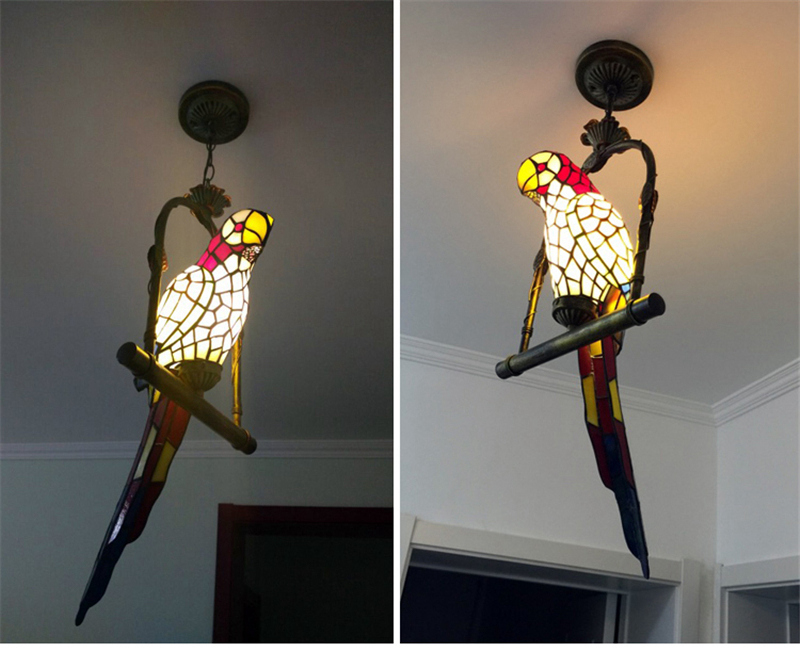 FUMAT Tiffany Glass Lights Stained Glass Parrot Pendant Lamp Antique Art Glass Bird LED Hanging Lamp for Living Room