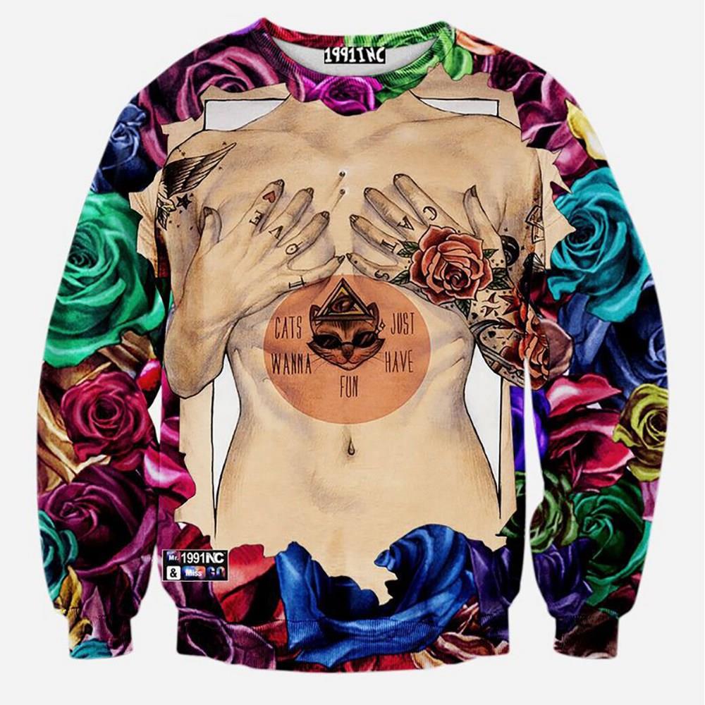 3D Digital Printed Colored Flowers Pattern Men And Women Cotton Crewneck Sweatshirt Size XL - Multi Color