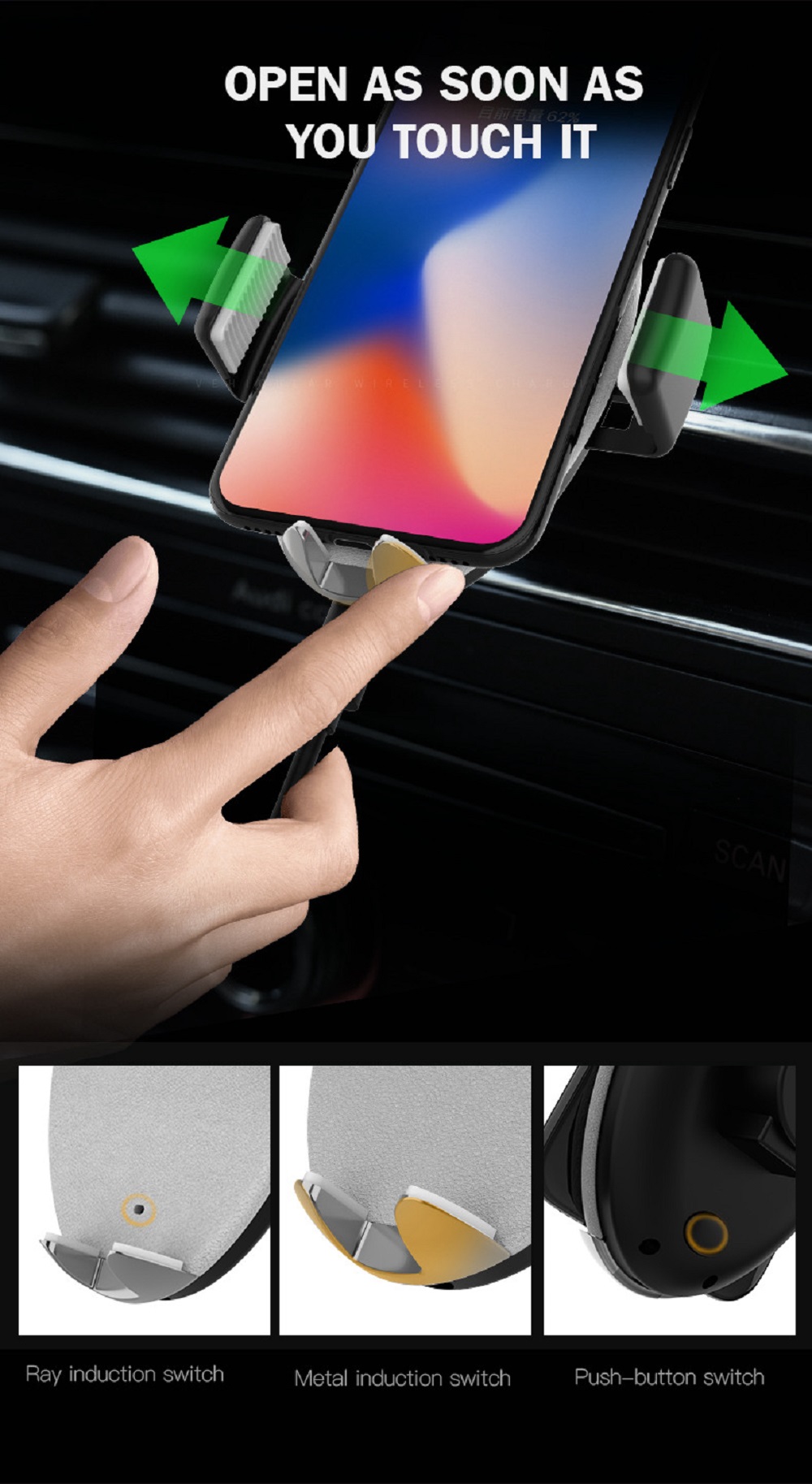 Smart Wireless Car Charger Mount Fast Charging Air Vent Phone Holder For 4.0-6.5 Inch Smartphone - Black