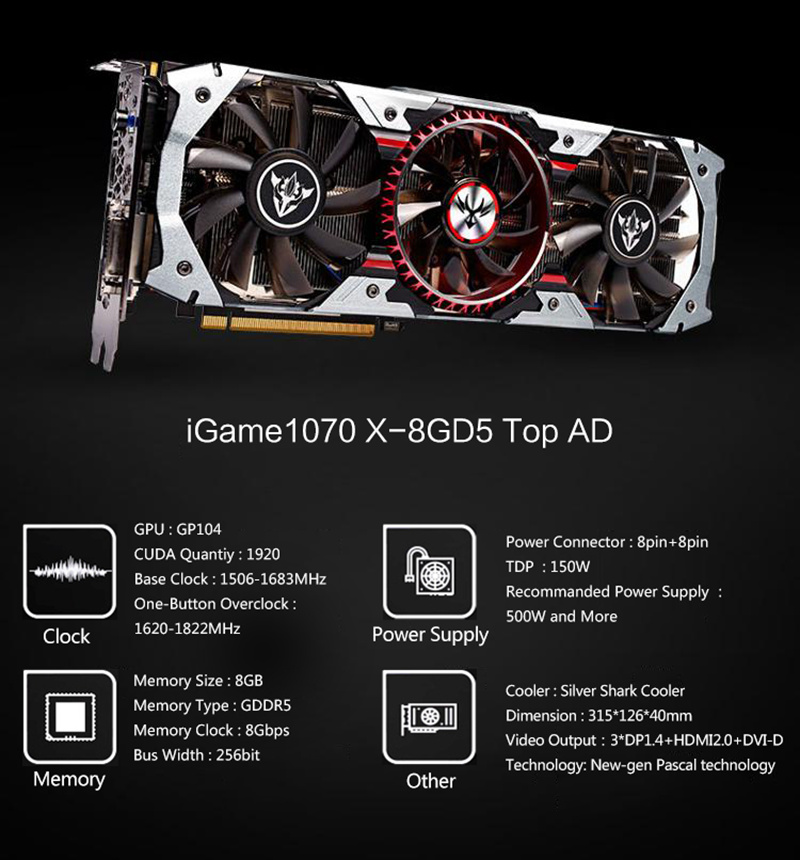 Colorful iGame GTX1070 X-8GD5 TOP AD Video Graphics Card 1506-1683MHz 8GB GDDR5 8Gbps/256Bit 3DP+HDMI+DVI - Silver