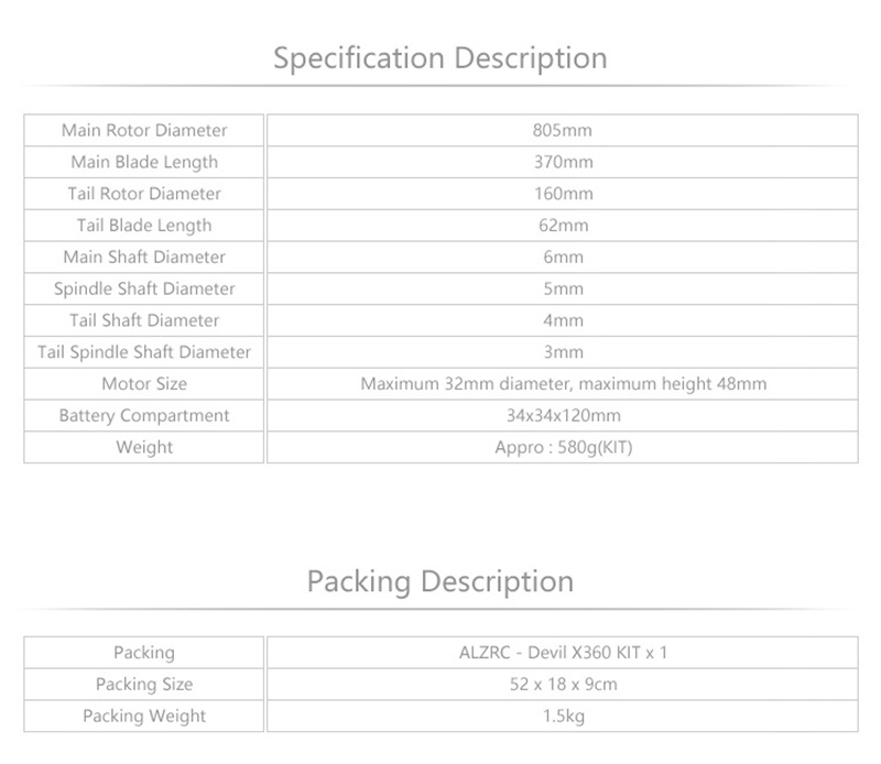 ALZRC Devil X360 FAST FBL 370mm Blade 3D Flying RC Helicopter - KIT Version