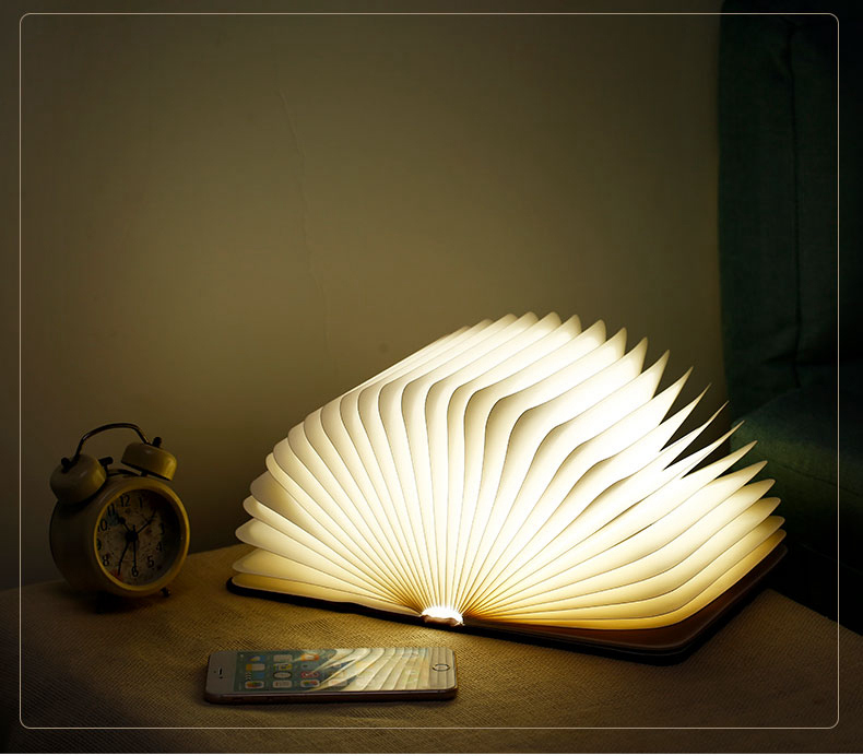 Walnut Foldable Book Shaped LED Night Light USB Book Bedside Lamp - Warm Light