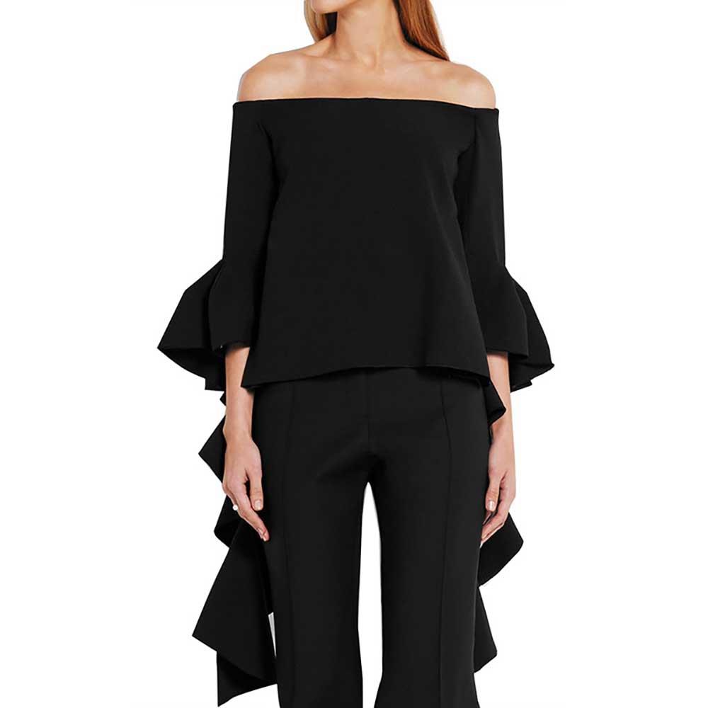 Women Off Shoulder Spiral-wave Trumpet Sleeve Solid Shirt Size L - Black