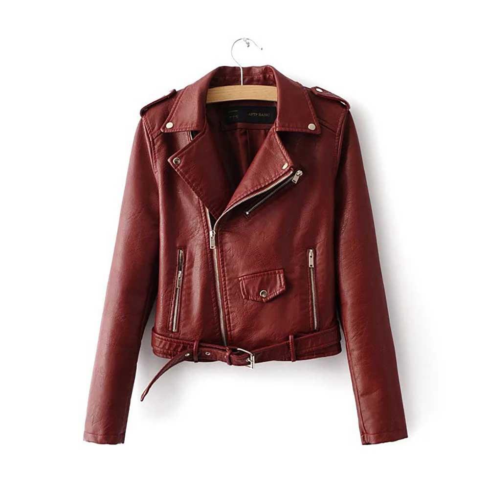 Women Autumn Casual PU Leather Short Coat Biker Jacket With Diagonal Zipper Size XL - Burgundy Red