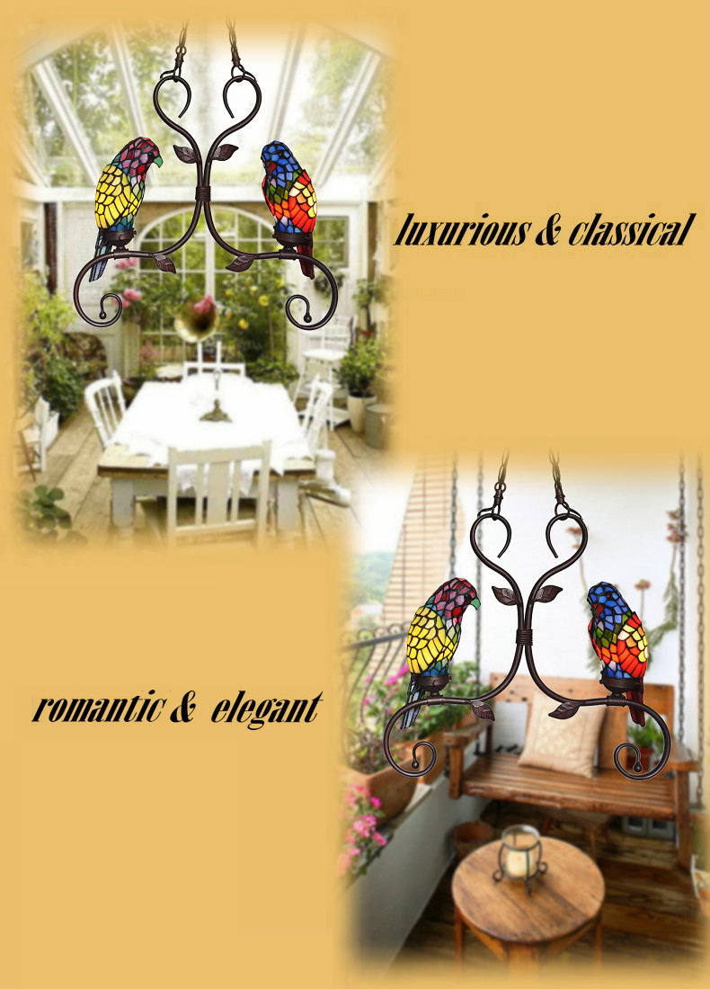 FUMAT Tiffany Style Stained Glass Handcrafted Pendant Light - Creative Dual Parrot Hanging Lamp